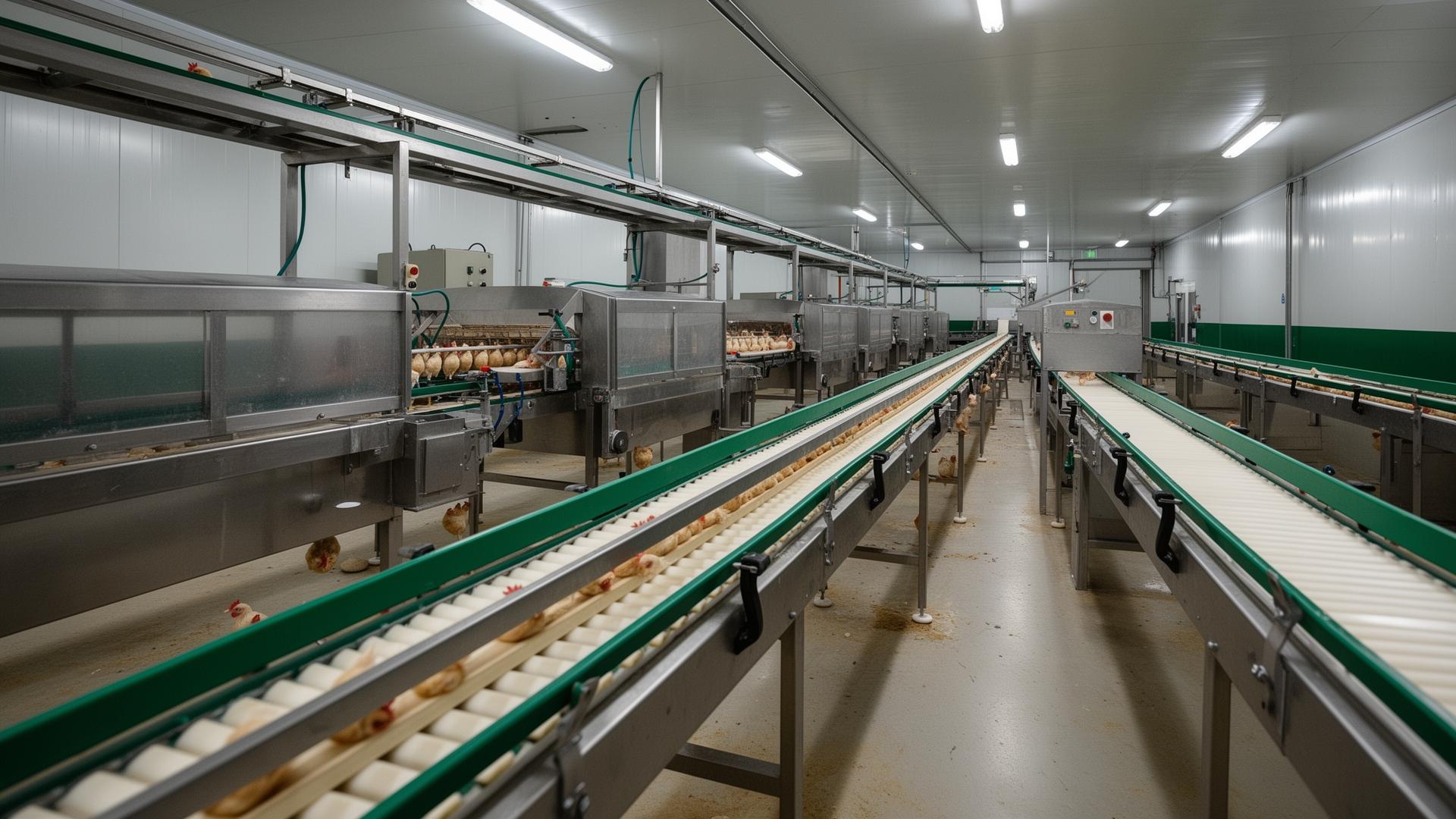 Industrial poultry processing line with stainless steel conveyors