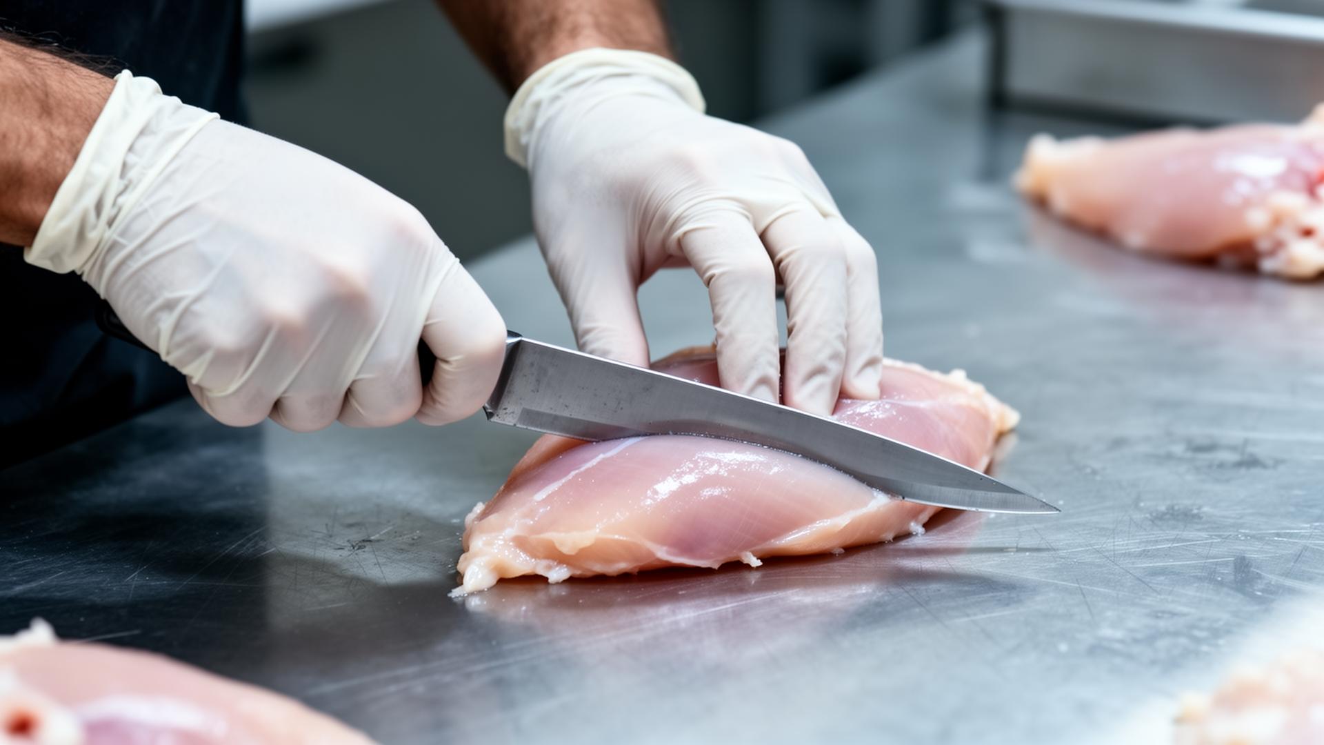 Skilled hands using a filleting knife on chicken breast
